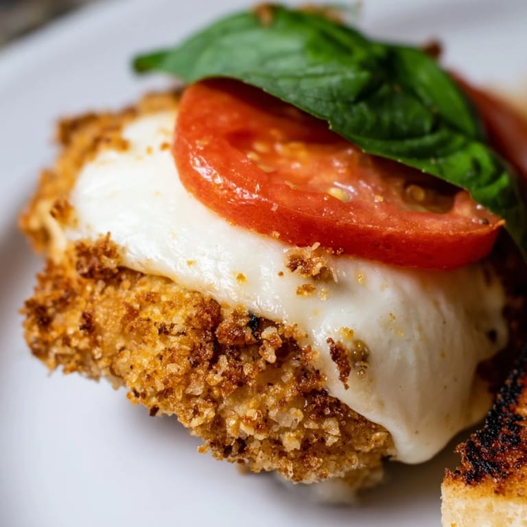Crispy Chicken Caprese Sandwich served on rustic ciabatta, layered with ripe tomato slices and a drizzle of balsamic glaze.