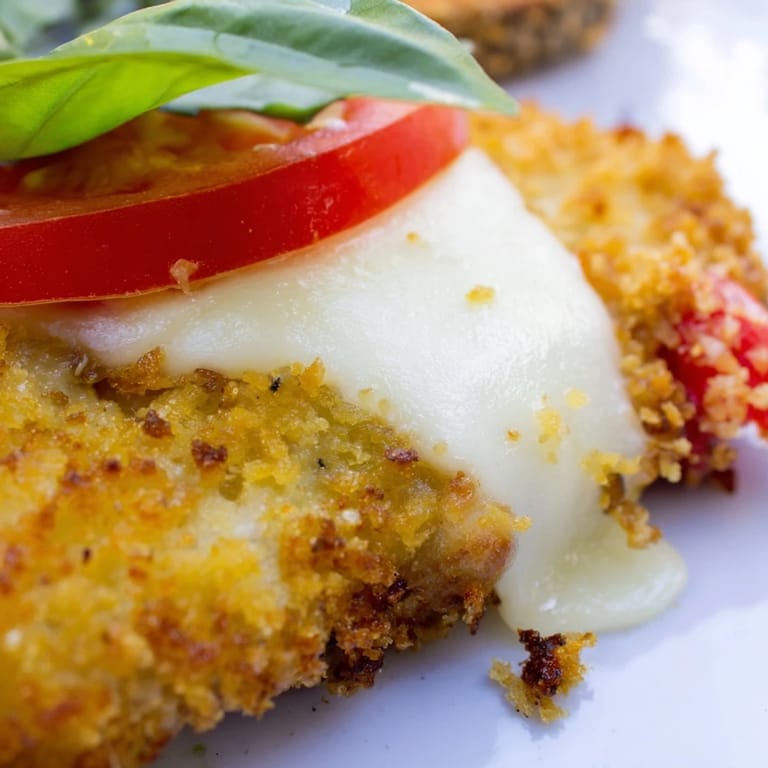 Close-up of a Crispy Chicken Caprese Sandwich, featuring crunchy panko-coated chicken, creamy mozzarella, and vibrant green basil leaves.