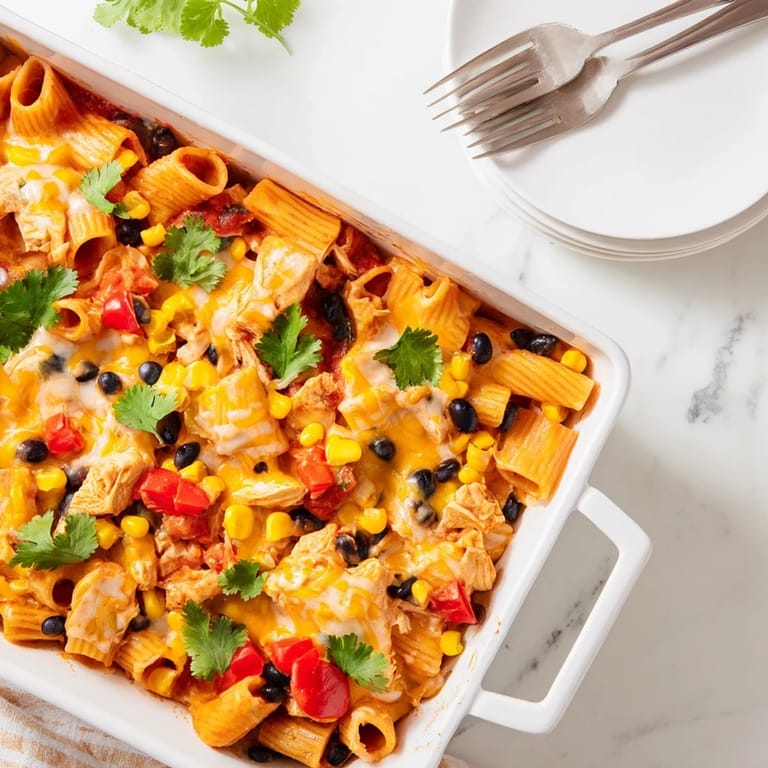 Serving suggestion for Chicken Burrito Pasta Bake, featuring the Tex-Mex pasta covered in spicy salsa and gooey cheese.