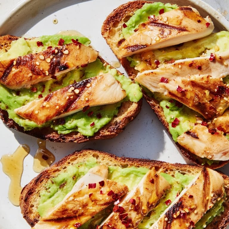 Savory and sweet Smashed Avocado Chicken Toast is served warm, garnished with red chili flakes and fresh herbs for a vibrant brunch.