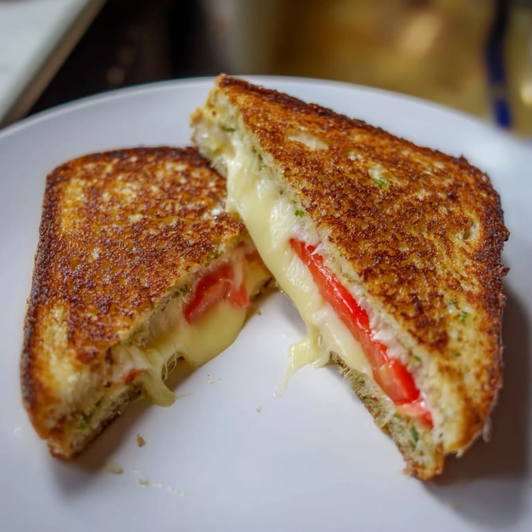 Close-up of Pepper Jack & Tomato Grilled Cheese with fresh tomato layers.