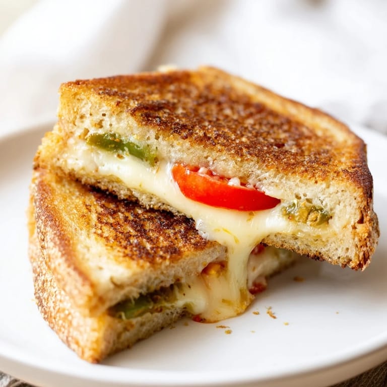 Half-eaten Pepper Jack & Tomato Grilled Cheese showing gooey texture and crispy crust.