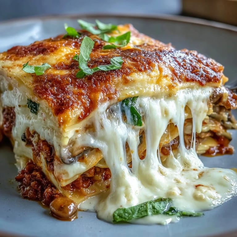 Hearty One-Pan Smoky Veggie Lentil Lasagne bubbling from the oven, served with a crisp green salad.
