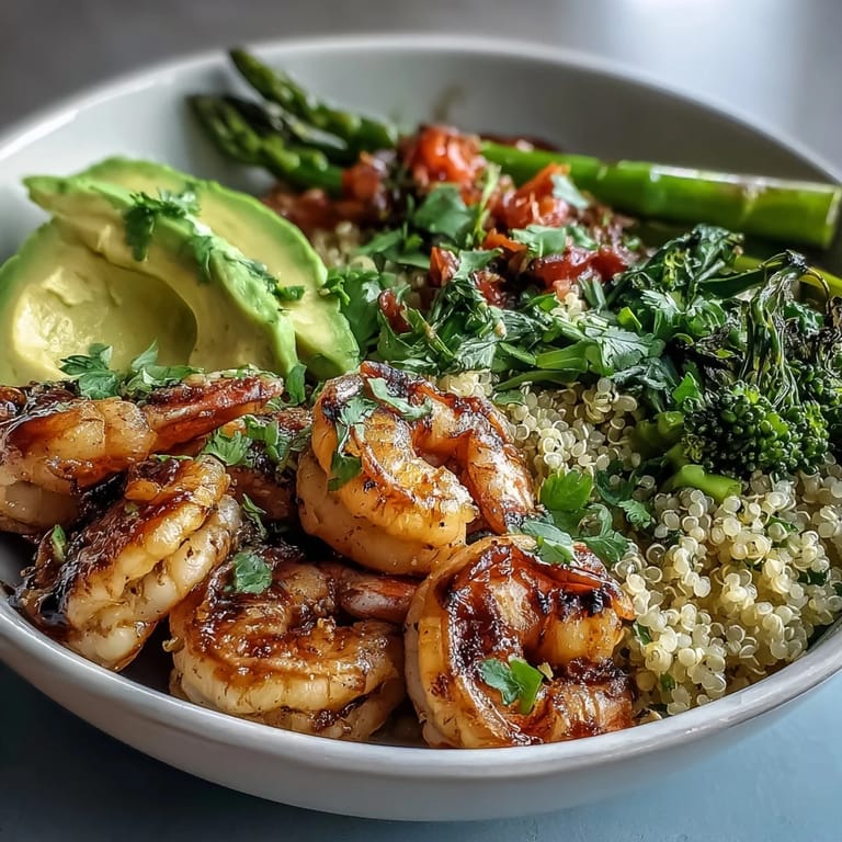 A close-up of the Detox Buddha Bowl with Shrimp and Quinoa showcases creamy avocado slices and juicy diced tomatoes, with fresh parsley and a lemon wedge for serving.