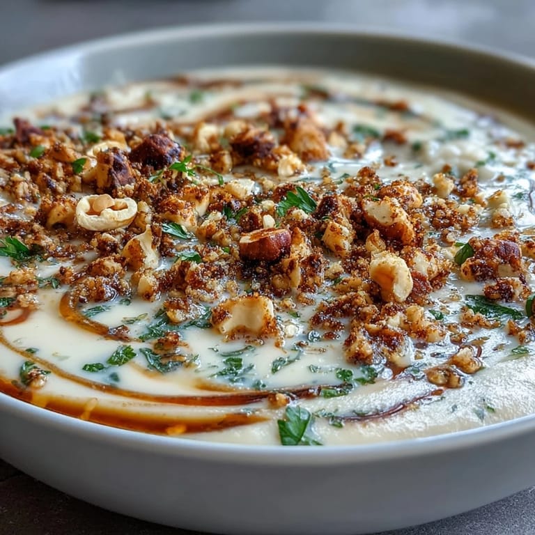 Earthy roasted celeriac soup topped with crunchy, golden hazelnut crumble, served in a rustic bowl for a cozy meal.