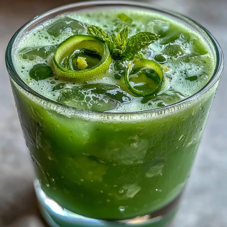 Close-up of the bright green Celery Ginger Lemon Juice, showcasing its smooth texture in a glass with ice and fresh mint.