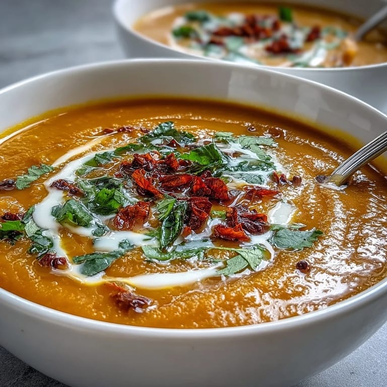 Close-up of golden-hued Carrot, Celeriac, and Chilli Soup in a rustic mug, highlighting its smooth, velvety texture and spice flecks.  