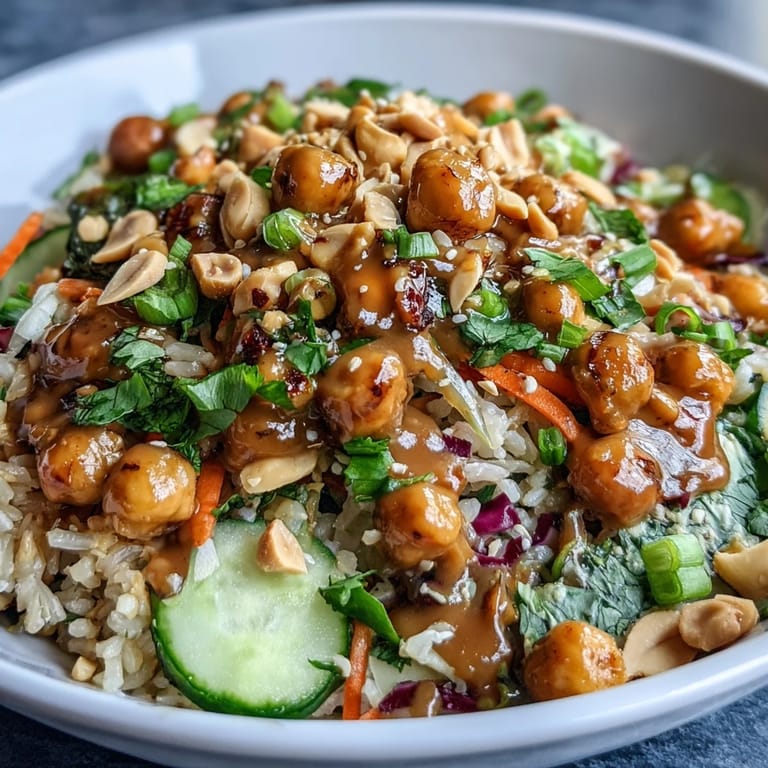 A hearty serving of Peanut Chickpea Rice Bowl featuring roasted chickpeas, carrots, cabbage, and zesty peanut dressing.