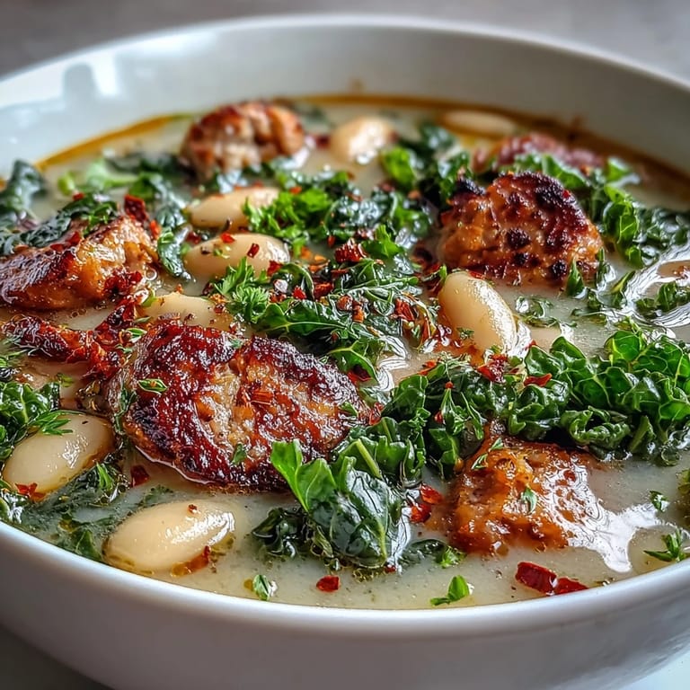 Close-up of rustic Italian White Bean Soup with Kale and Sausage highlighting creamy beans and greens.