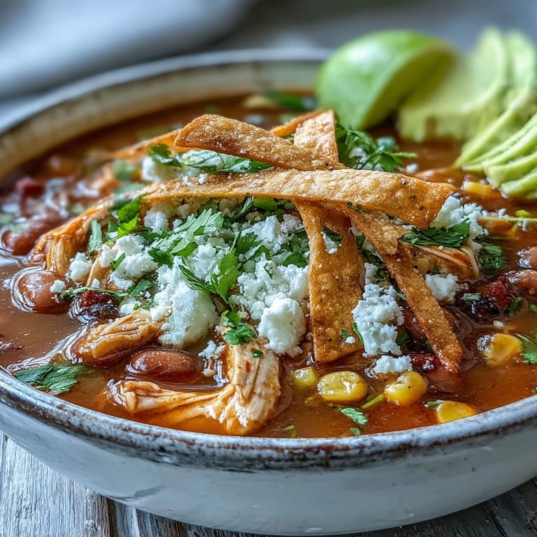 Close-up of Chicken Tortilla Soup in a rustic bowl, featuring tender shredded chicken, pinto beans, and vibrant red bell pepper garnishes.  