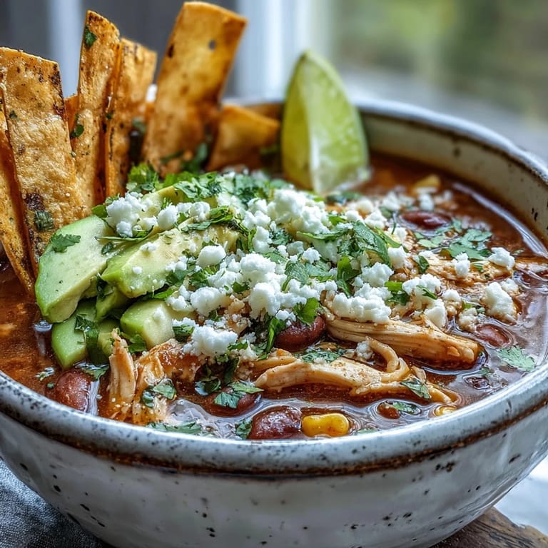 Hearty Chicken Tortilla Soup served with lime wedges, creamy avocado slices, and a dollop of sour cream on a wooden table.