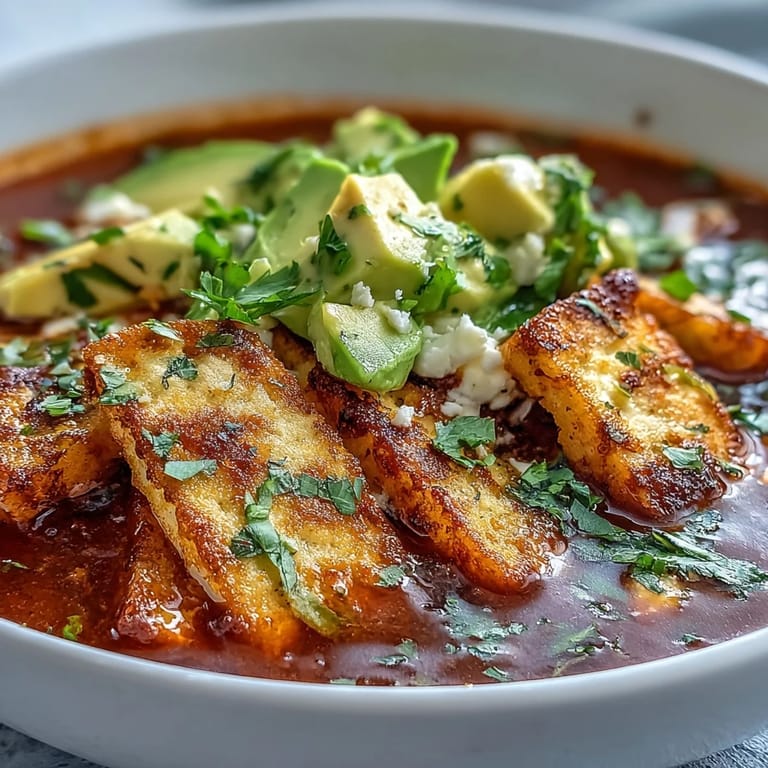 Hearty bowl of Sopa Azteca garnished with crumbled panela, avocado, cilantro, and a lime wedge, ready to serve with a side of warm corn tortillas.