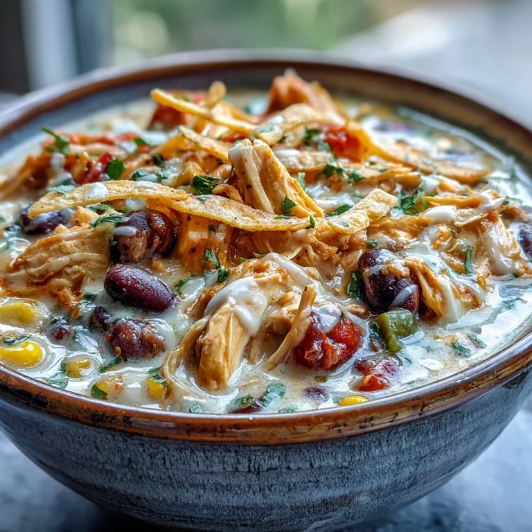Steaming bowl of Easy Chicken Tortilla Soup garnished with jalapeños and cilantro, served with tortilla chips.