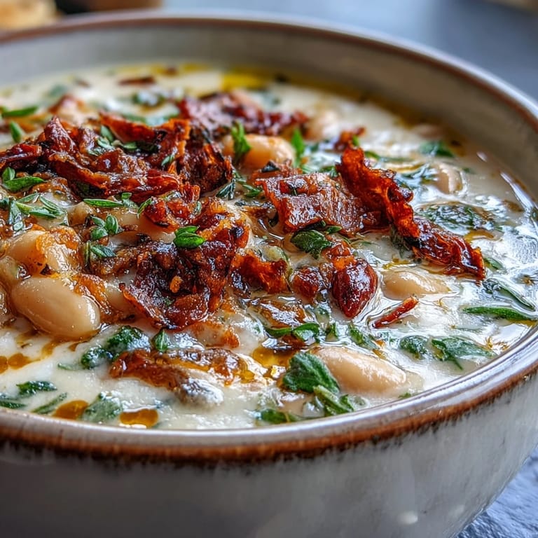 Close-up of Creamy Tuscan White Bean Soup in a white bowl beside crusty bread for dipping.
