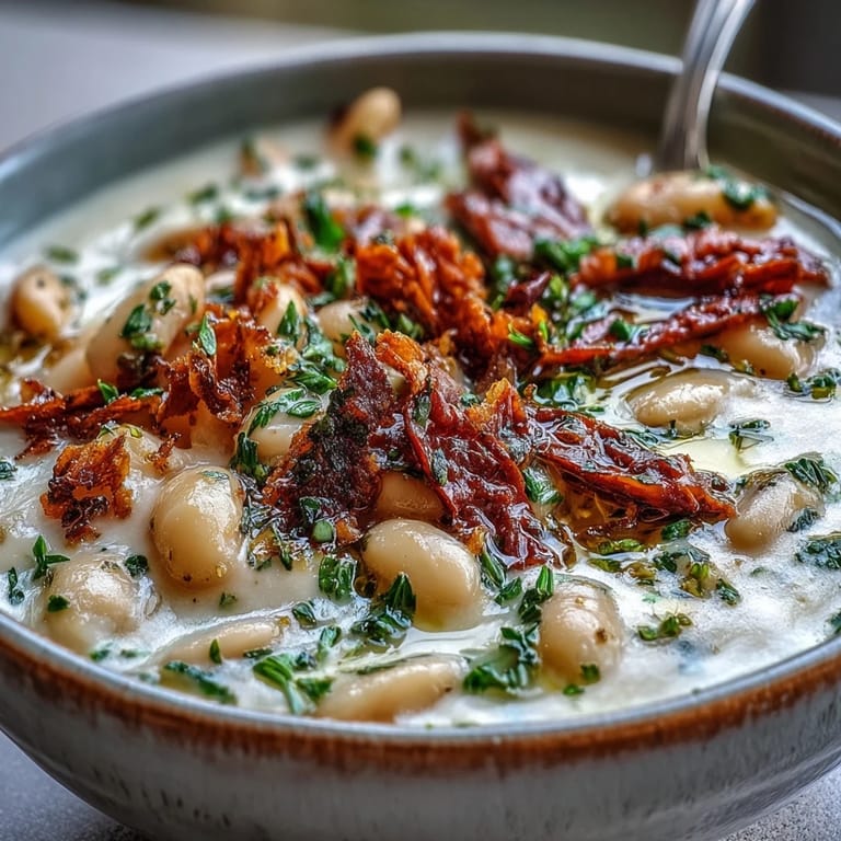 A ladle of velvety Creamy Tuscan White Bean Soup topped with Parmesan and a drizzle of olive oil.