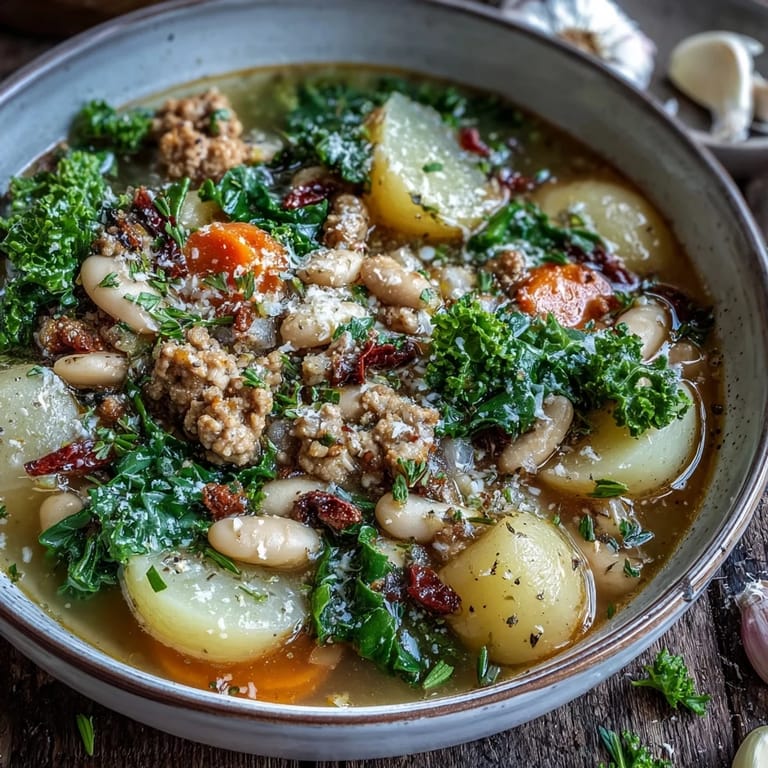 Serving suggestion for Tuscan White Bean Sausage Soup, ladled into a ceramic bowl and garnished with freshly grated Parmesan cheese.