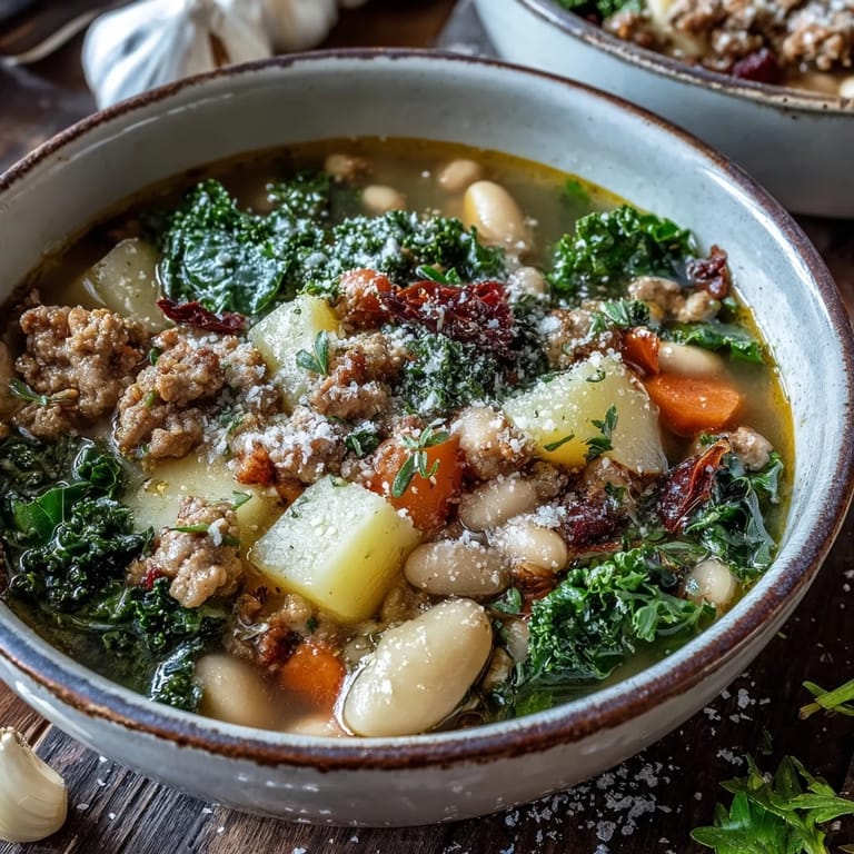 Steaming hot Tuscan White Bean Sausage Soup in a pot, revealing tender potatoes and carrots simmered in a rich, herbed broth.