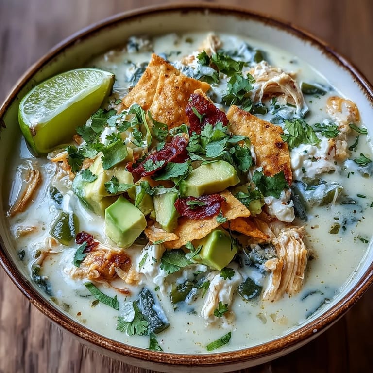 A ladle serves up rich and creamy chicken tortilla soup with poblano peppers and crispy tortilla chip garnish.