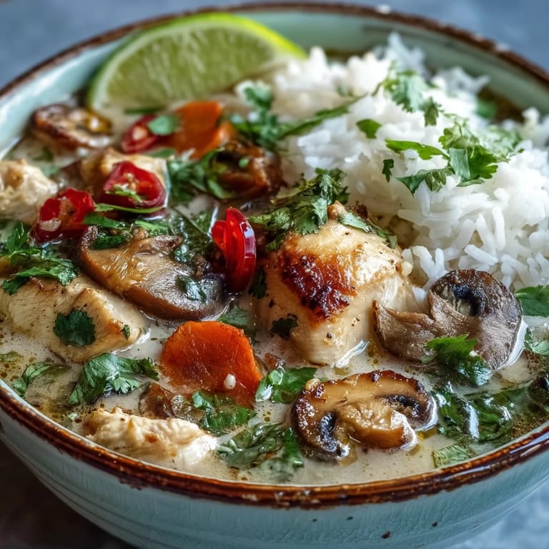 Thai Coconut Curry Soup steaming in a rustic bowl, showcasing vibrant carrots and sliced red chili, paired with a spoon and lime for a zesty garnish.