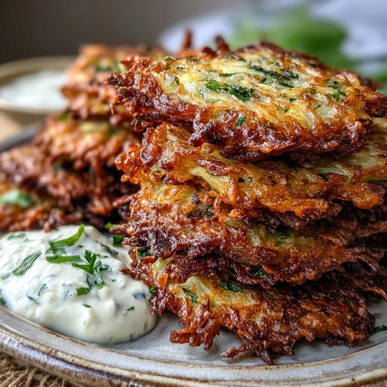 Crispy Cabbage Fritters With Dipping Sauce are plated alongside a creamy yogurt sauce for appetizers.