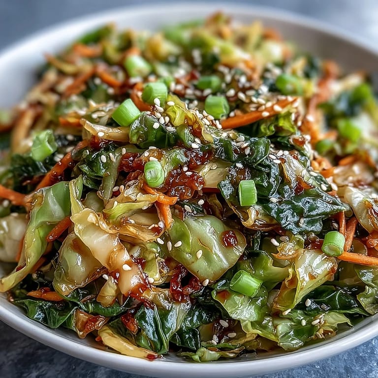 Served Hot and Sour Cabbage garnished with fresh scallions and sesame seeds, a perfect vegan and gluten-free side dish for a rice bowl.