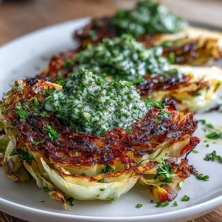 Cabbage steaks with jalapeño chimichurri garnished with fresh herbs, ready to serve alongside grains or grilled proteins.