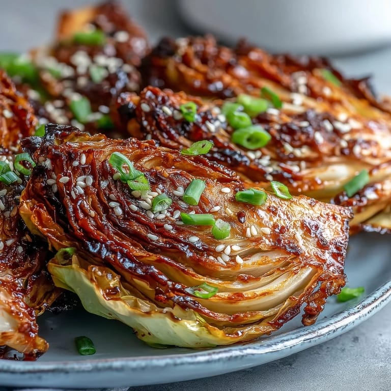 Freshly baked Miso Butter Roasted Cabbage Wedges garnished with scallions on a ceramic platter.