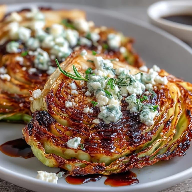 A vibrant serving of Crispy Cabbage Steaks With Feta and Balsamic, garnished with fresh parsley and lemon zest for extra brightness.