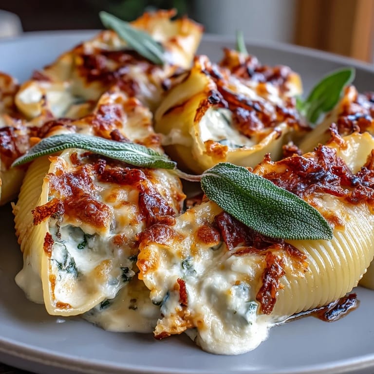 Autumn dinner plate with three baked pumpkin & Gouda stuffed shells and fresh sage garnish, ready to serve.