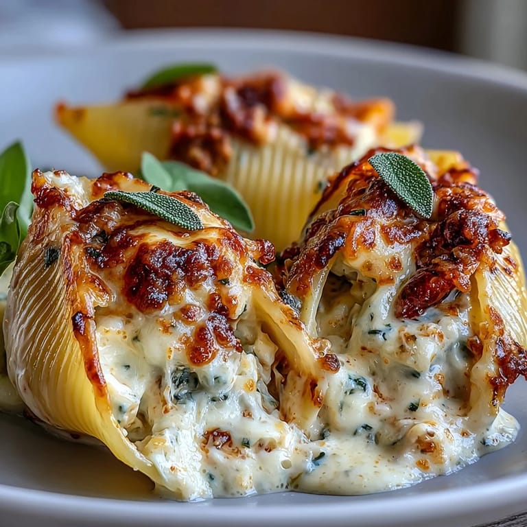 Close-up of creamy pumpkin and smoked Gouda filling inside jumbo pasta shells, drenched in luscious brown butter sage Alfredo.  