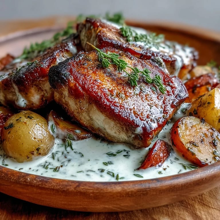 Juicy pork chops smothered in creamy ranch sauce beside soft carrots and baby potatoes.