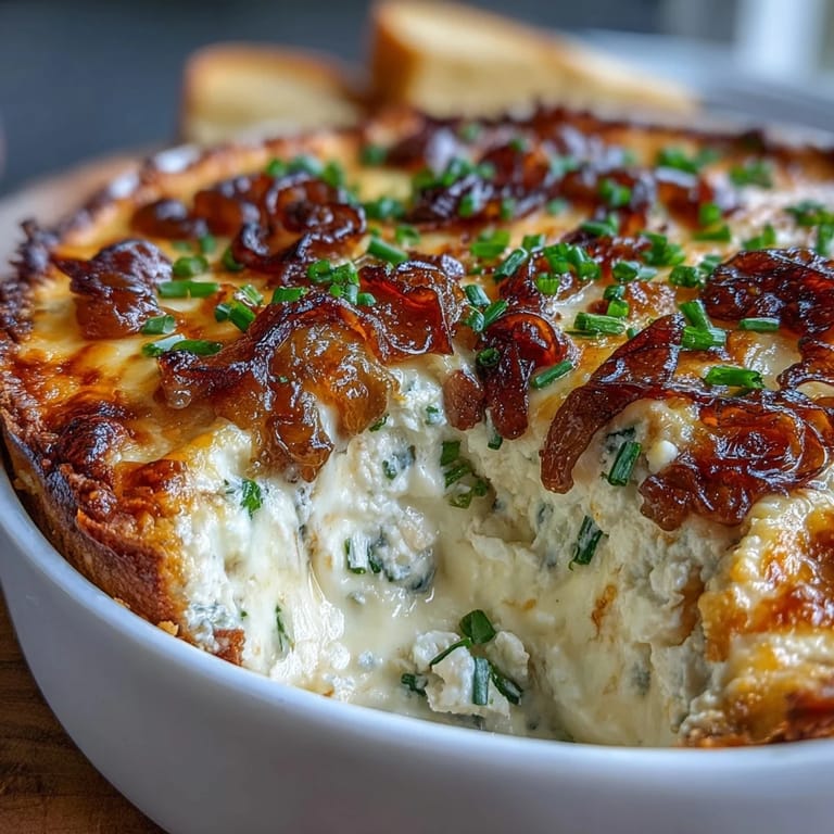 Freshly baked Smoked Gouda & Onion Dip with a golden crust, served alongside chips and veggies for party snacking.