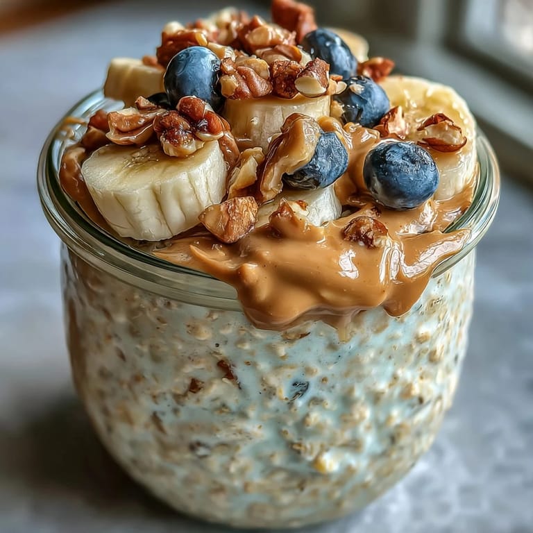 A close-up of high-protein peanut butter overnight oats topped with fresh berries and a honey drizzle.