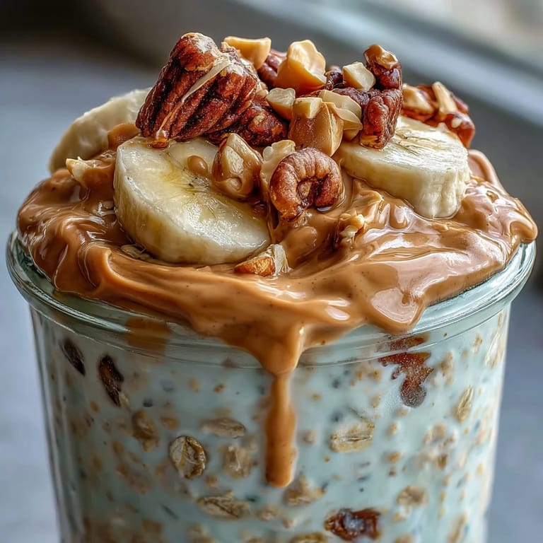 Stirred high-protein peanut butter overnight oats in a bowl topped with bananas and toasted peanuts.
