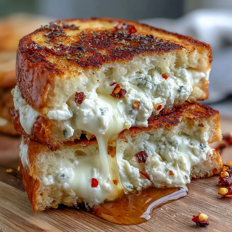 Two halves of a crisp chèvre grilled cheese with honey chili glaze, revealing a smooth, tangy cheese center, ready for a cozy lunch on a wooden board.