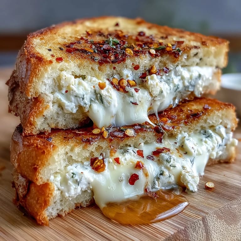 Buttery toasted sourdough sandwich filled with whipped goat cheese, honey, and chili flakes, garnished with fresh herbs and a delicate honey drizzle on a white plate.