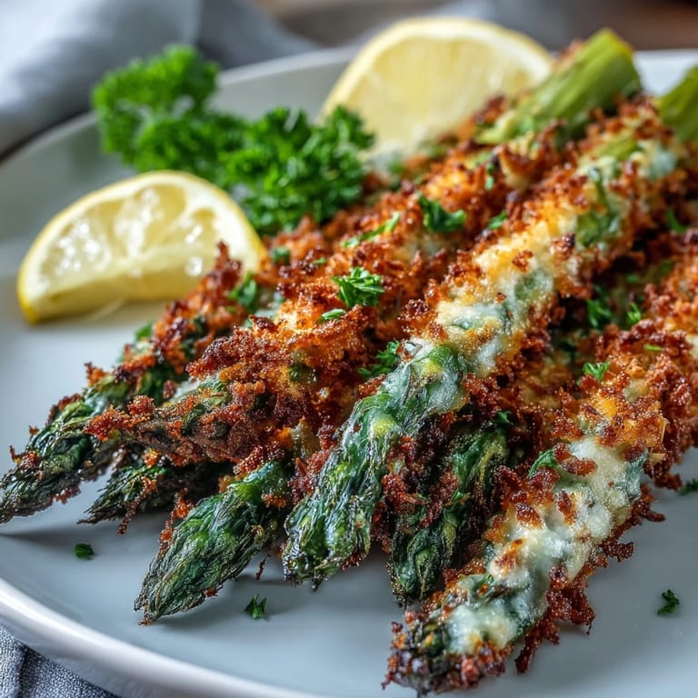 Golden Crispy Asparagus Asiago Spears lined up on a baking sheet, ready to be dipped in creamy aioli.
