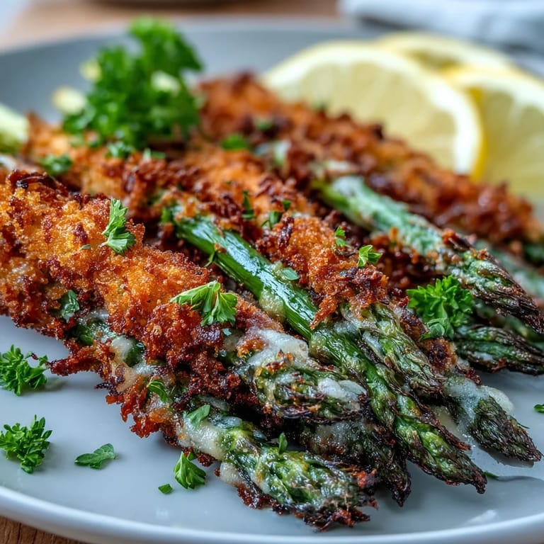 Tender, golden-brown Crispy Asparagus Asiago Spears garnished with parsley, showcasing a crispy panko and Asiago coating.