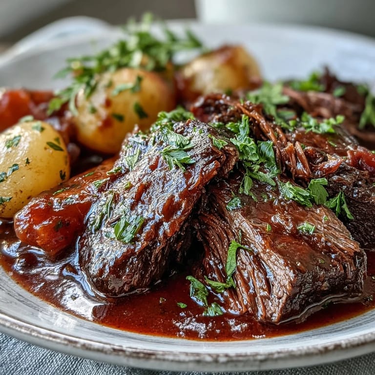 Herb-garnished Beef Pot Roast in a savory brown sauce with baby potatoes, perfect for family dinner.