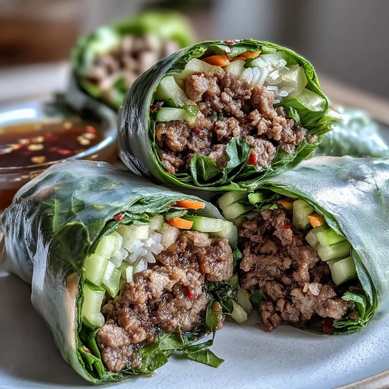 Thai Basil Beef Rolls stacked neatly on a platter, showcasing tender beef, shredded carrots, and bright Thai basil leaves wrapped in delicate rice paper.