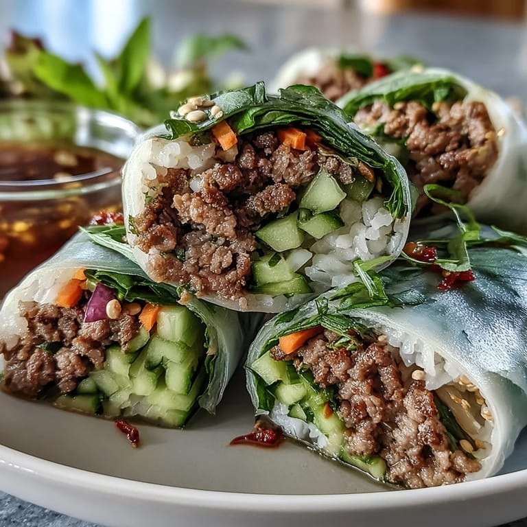 Overhead view of Thai Basil Beef Rolls plated with a small bowl of spicy lime dipping sauce and fresh mint garnish for a bright lunch.