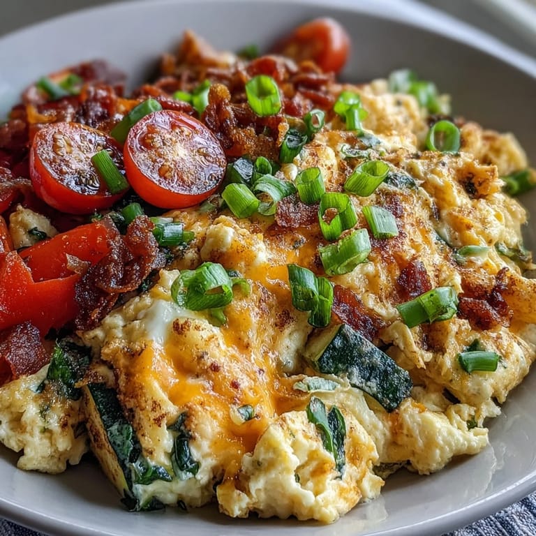 A bright breakfast bowl of softly scrambled eggs, juicy tomatoes, and melty cheese, served warm for a nourishing start.