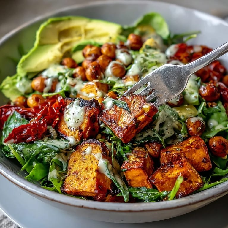 Close-up of a Breakfast Buddha Bowl featuring golden roasted sweet potatoes, crispy chickpeas, and avocado slices, ready for a drizzle of tahini dressing.
