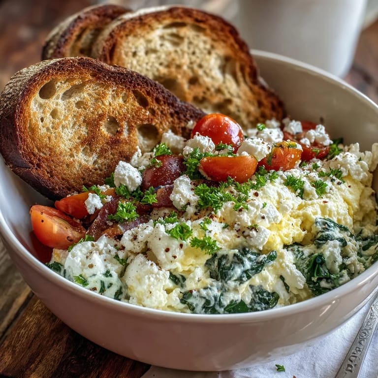 A hearty Mediterranean-inspired Spinach and Feta Breakfast Bowl topped with sautéed spinach, diced tomatoes, and crumbled feta, served alongside a slice of toasted whole grain bread.