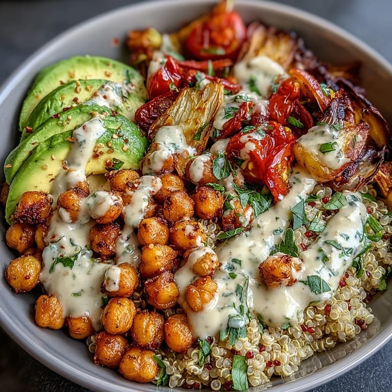 Nourishing Chickpea Power Bowl with hearty grains, smoky chickpeas, and bright vegetables topped with pumpkin seeds and herbs.