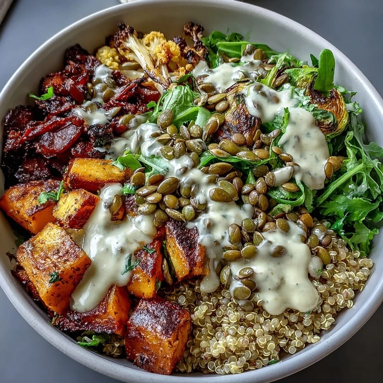 Vibrant plant-based lentil bowl featuring tender lentils, caramelized veggies, and fluffy quinoa, topped with rich tahini sauce for satisfying flavor.