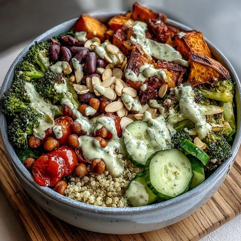 Nutritious and hearty power bowl packed with roasted broccoli, chickpeas, fresh greens, crunchy nuts, and creamy tahini-lemon dressing.