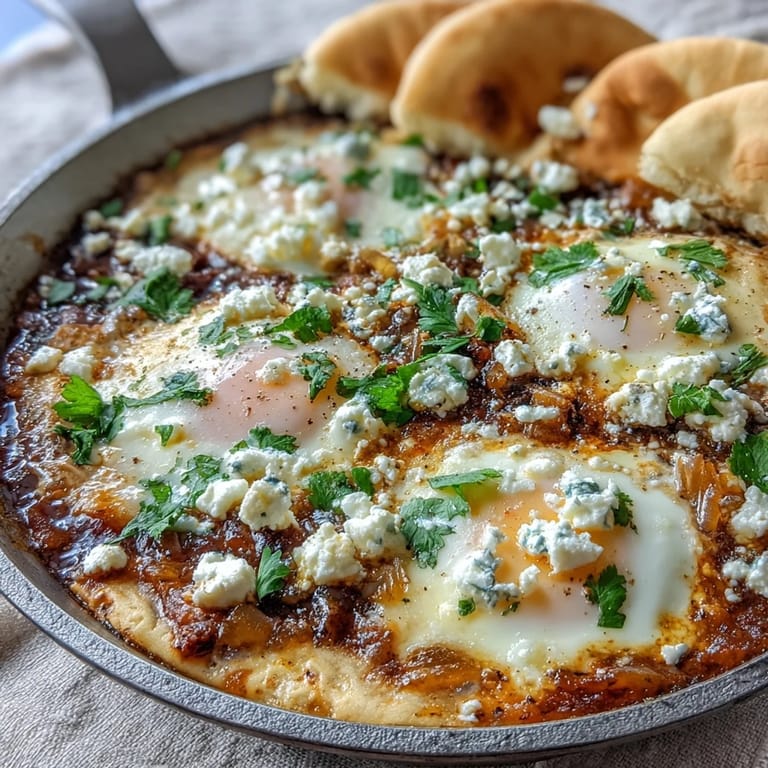 Middle Eastern shakshuka featuring perfectly cooked eggs nestled in a rich, aromatic tomato and pepper sauce, ideal for a comforting vegetarian meal.  