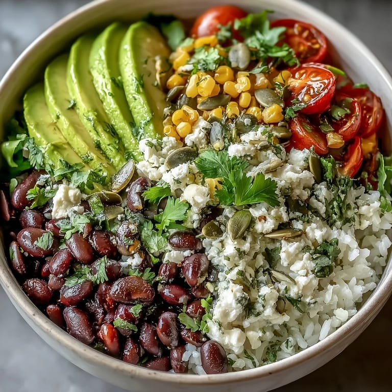 Fresh Black Bean and Veggie Bowl topped with juicy cherry tomatoes, cilantro, and crunchy pumpkin seeds for added texture.  