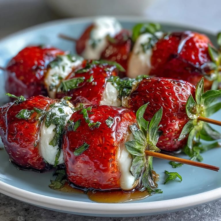 Vibrant Strawberry Caprese Skewers with sweet strawberries, delicate mozzarella, and aromatic basil leaves, finished with a tangy balsamic reduction for a fresh appetizer.